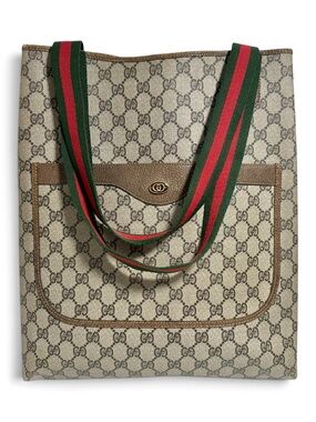 Gucci GG Supreme Web Monogram Canvas & Green Red Sherry Stripe Tote Bag